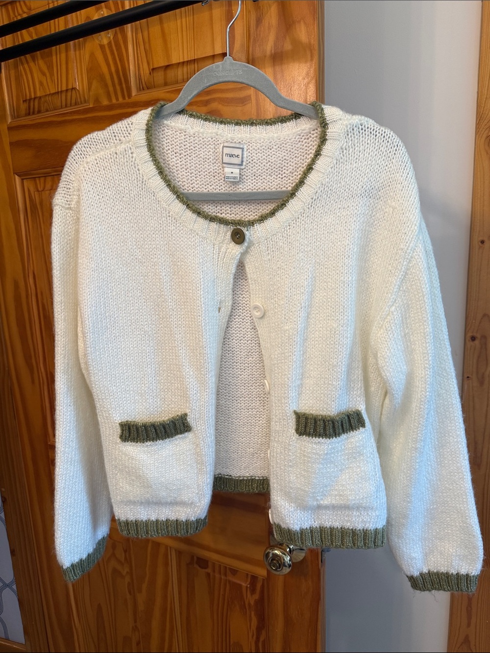 Maeve White Cardigan with Olive Trim